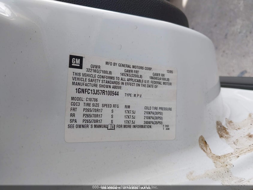 2007 Chevrolet Tahoe Lt VIN: 1GNFC13J57R100944 Lot: 42664015