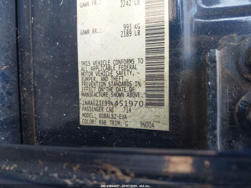 2009 Nissan Altima 2.5 S VIN: 1N4AL21E99N451970 Lot: 42664057