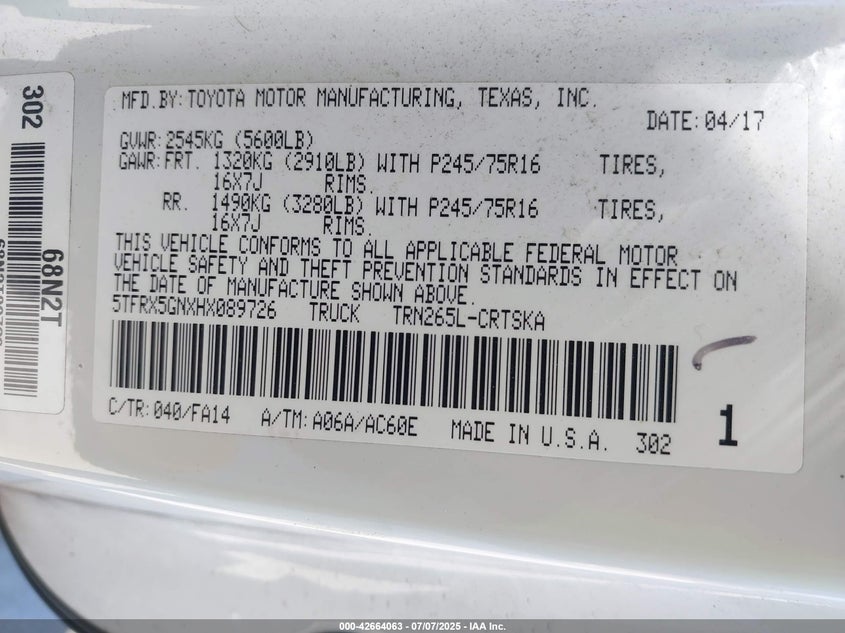 2017 TOYOTA TACOMA SR - 5TFRX5GNXHX089726