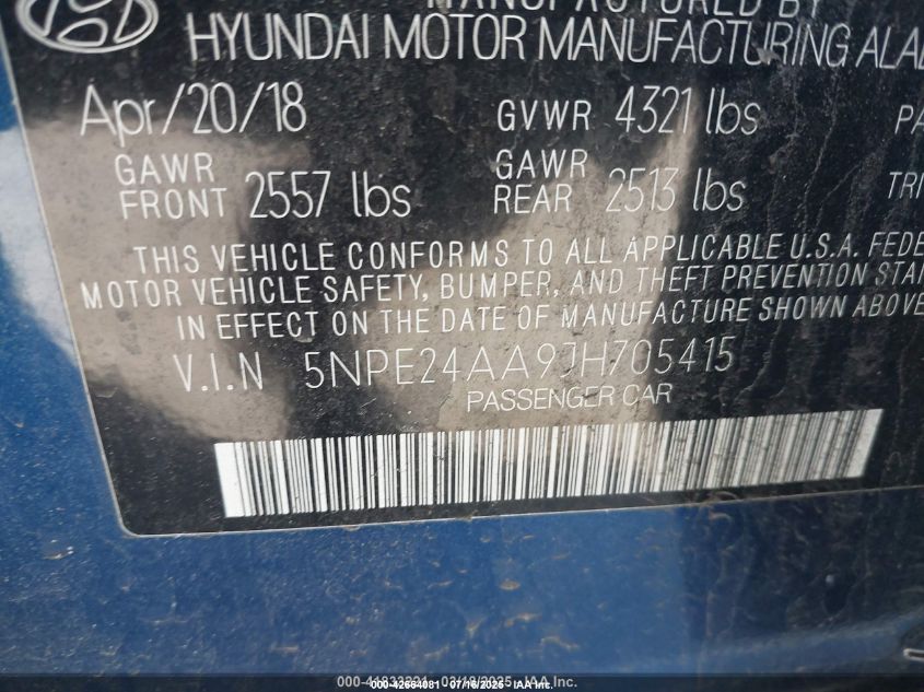 2018 Hyundai Sonata Eco VIN: 5NPE24AA9JH705415 Lot: 42664081