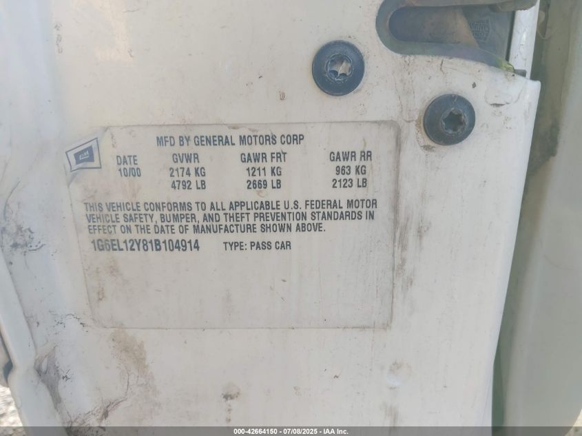 2001 Cadillac Eldorado Esc VIN: 1G6EL12Y81B104914 Lot: 42664150