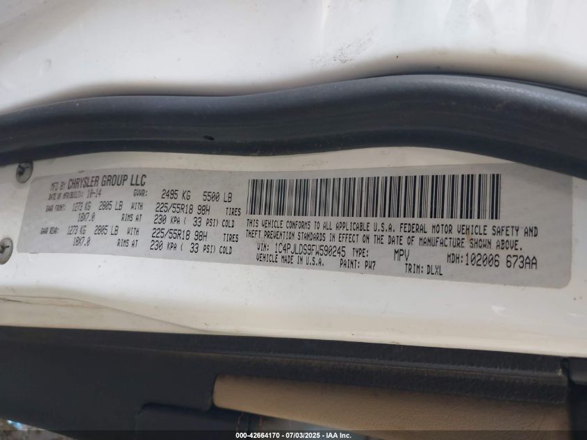 2015 Jeep Cherokee Limited VIN: 1C4PJLDS9FW590245 Lot: 42664170