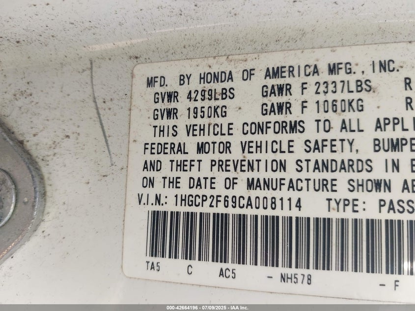 2012 Honda Accord 2.4 Se VIN: 1HGCP2F69CA008114 Lot: 42664196