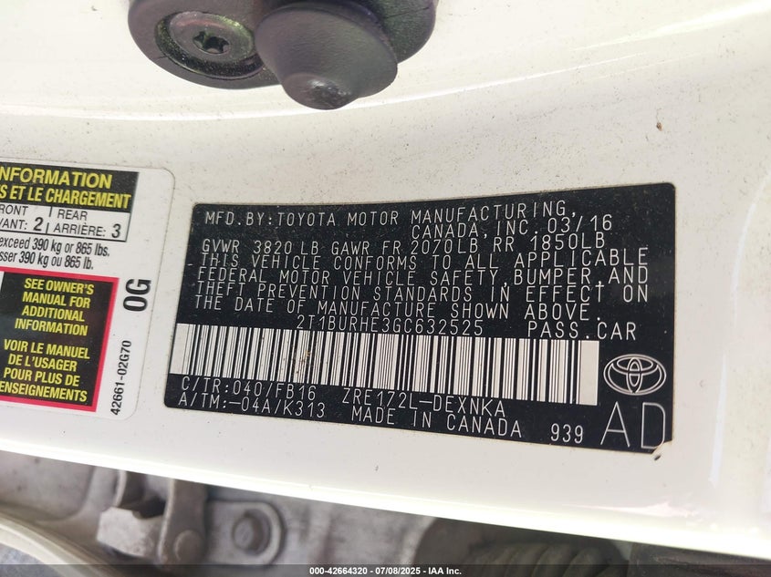 2016 TOYOTA COROLLA VIN: 2T1BURHE3GC632525