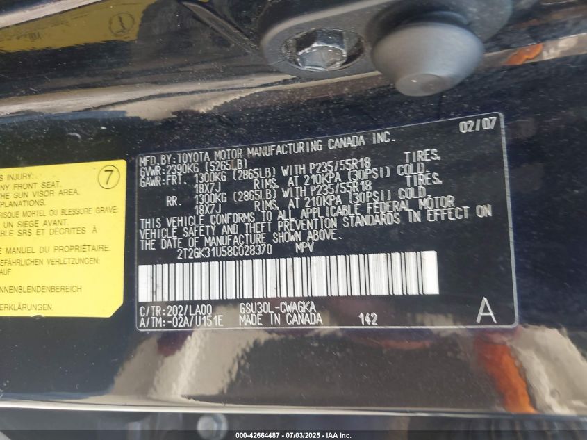 2008 Lexus Rx 350 VIN: 2T2GK31U58C028370 Lot: 42664487