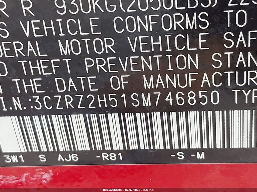 2025 Honda Hr-V Awd Sport VIN: 3CZRZ2H51SM746850 Lot: 42664800