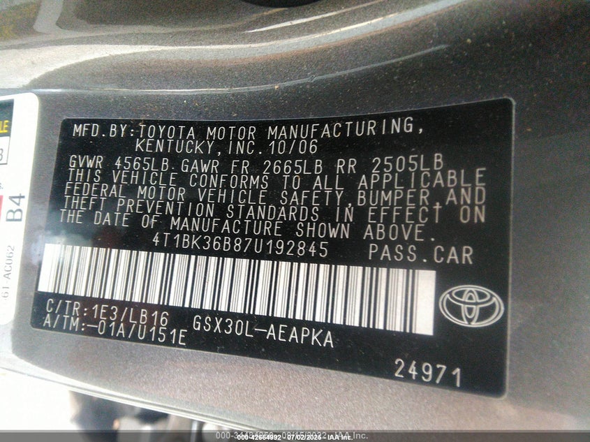 2007 TOYOTA AVALON VIN: 4T1BK36B87U192845