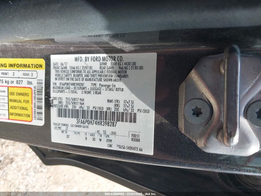 2017 Ford Fusion Se VIN: 3FA6P0H74HR398287 Lot: 42665062