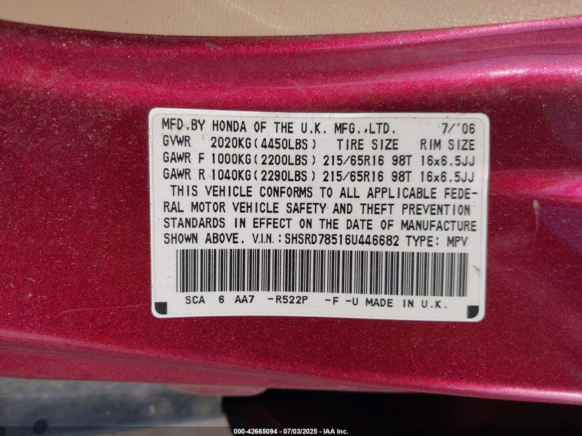 2006 HONDA CR-V VIN: SHSRD78516U446682