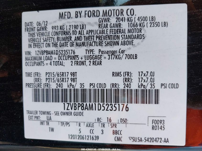 2013 Ford Mustang V6 VIN: 1ZVBP8AM1D5235176 Lot: 42665148