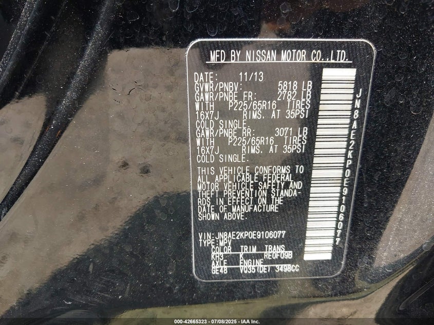 2014 NISSAN QUEST LE/S/SL/SV - JN8AE2KP0E9106077