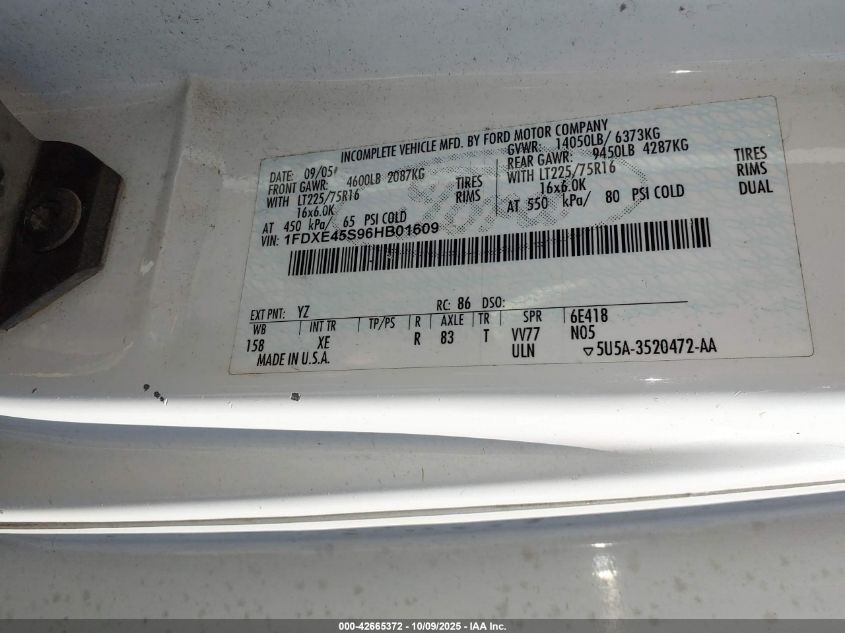 2006 Ford E-450 Cutaway VIN: 1FDXE45S96HB01609 Lot: 42665372