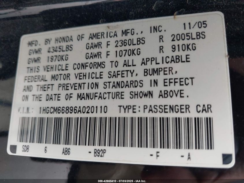 2006 Honda Accord 3.0 Ex VIN: 1HGCM66896A020110 Lot: 42665410