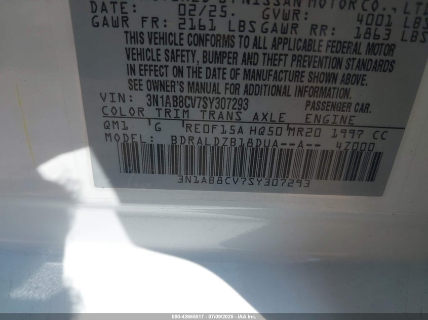 2025 NISSAN SENTRA(VIN: 3N1AB8CV7SY307293