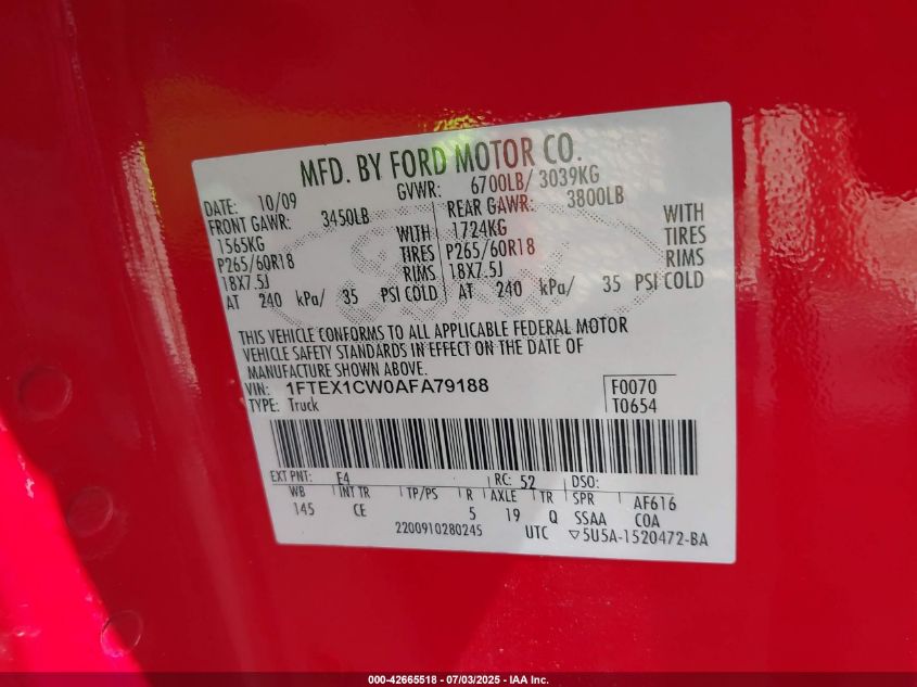 2010 Ford F-150 Stx/Xl VIN: 1FTEX1CW0AFA79188 Lot: 42665518