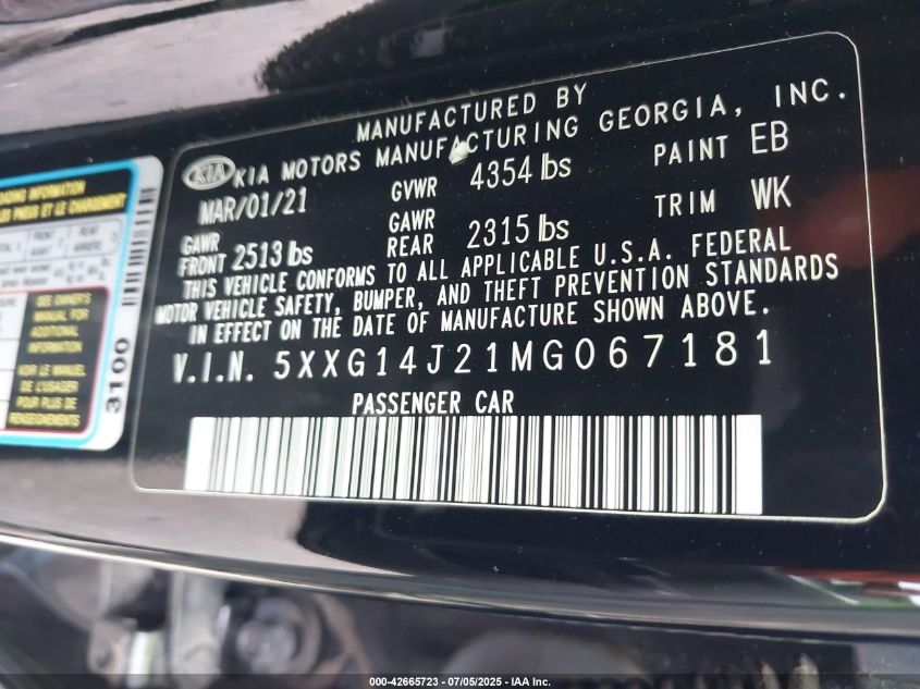 2021 Kia K5 Lxs VIN: 5XXG14J21MG067181 Lot: 42665723