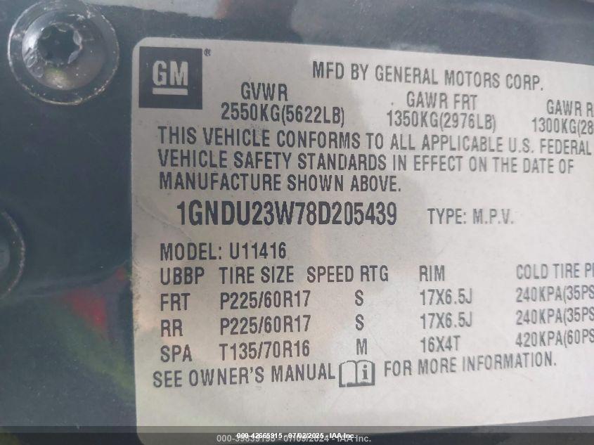 2008 CHEVROLET UPLANDER VIN: 1GNDU23W78D205439