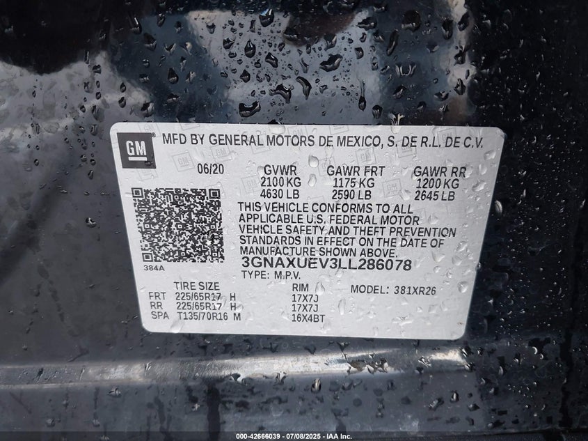 2020 CHEVROLET EQUINOX AWD LT 1.5L TURBO - 3GNAXUEV3LL286078