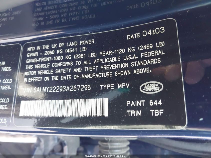 2003 Land Rover Freelander Se VIN: SALNY22293A267296 Lot: 42666199