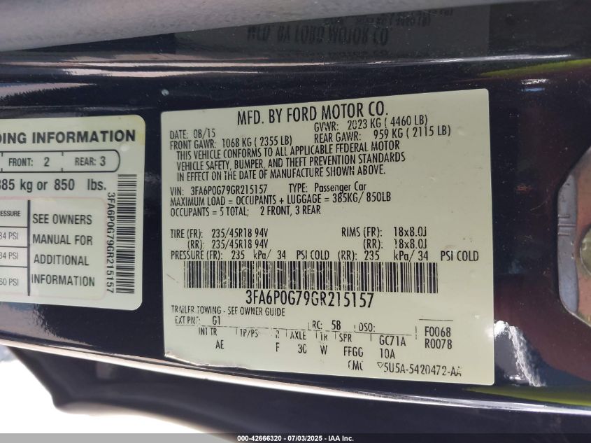 2016 Ford Fusion S VIN: 3FA6P0G79GR215157 Lot: 42666320