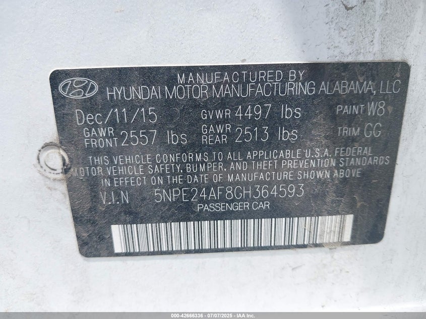 2016 HYUNDAI SONATA VIN: 5NPE24AF8GH364593