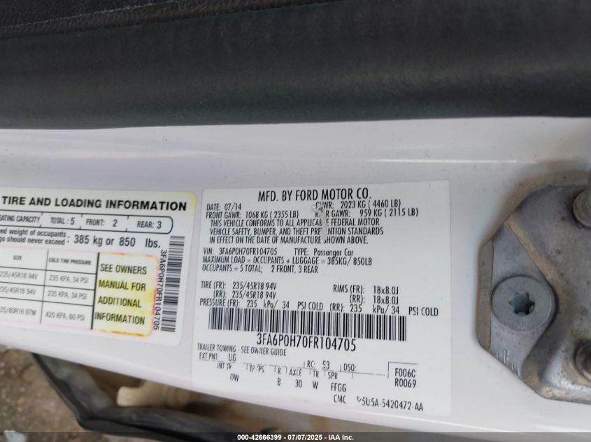 2015 Ford Fusion Se VIN: 3FA6P0H70FR104705 Lot: 42666399