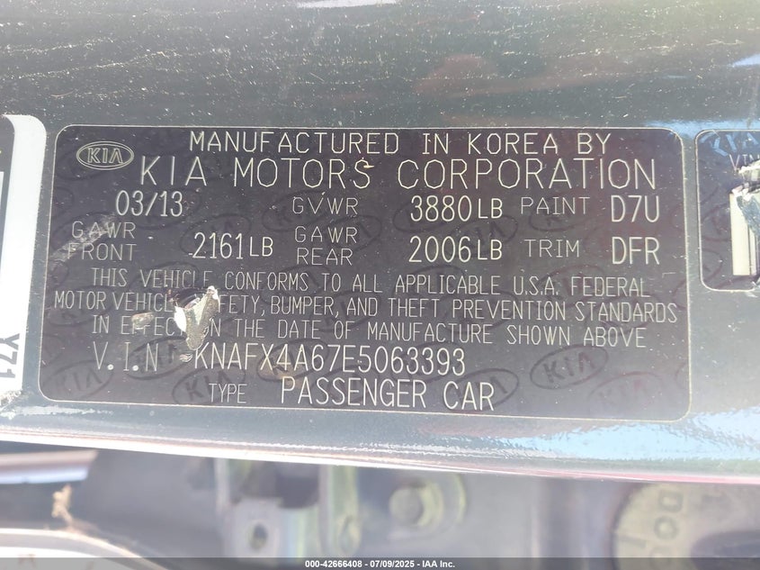 2014 KIA FORTE VIN: KNAFX4A67E5063393