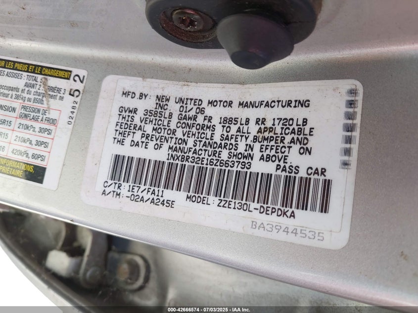 2006 Toyota Corolla Ce VIN: 1NXBR32E16Z663793 Lot: 42666574