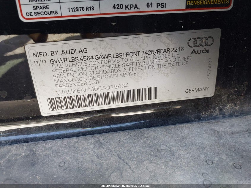 2012 AUDI A3 VIN: WAUKEAFM0CA079434