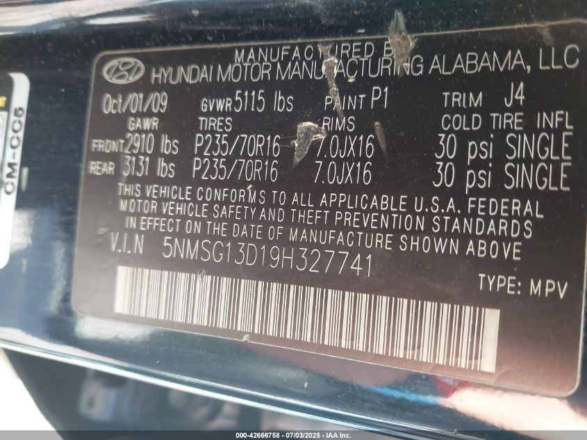 2009 Hyundai Santa Fe Gls VIN: 5NMSG13D19H327741 Lot: 42666758