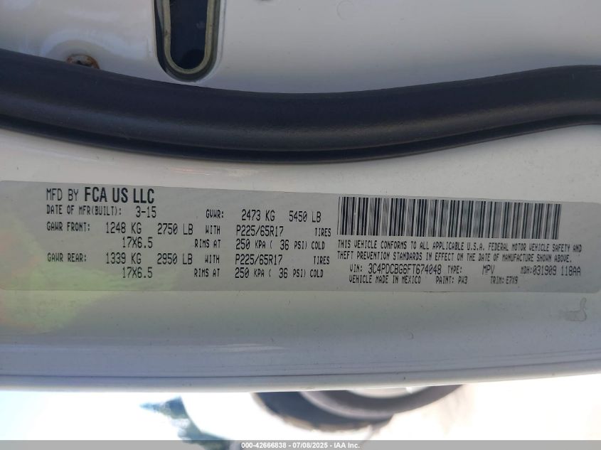 2015 Dodge Journey Sxt VIN: 3C4PDCBG6FT674048 Lot: 42666838