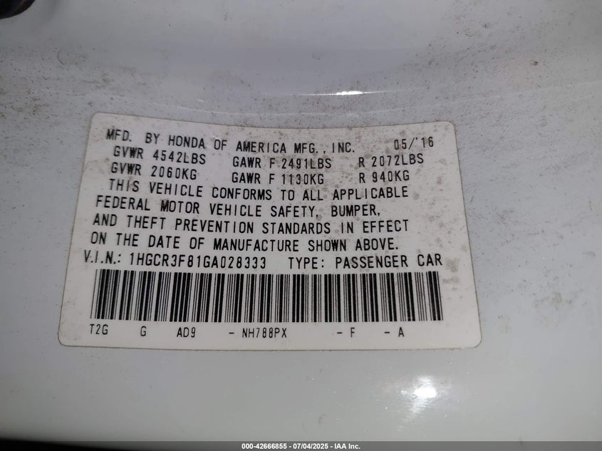 2016 Honda Accord Ex-L V-6 VIN: 01HGCR3F81GA02833 Lot: 42666855