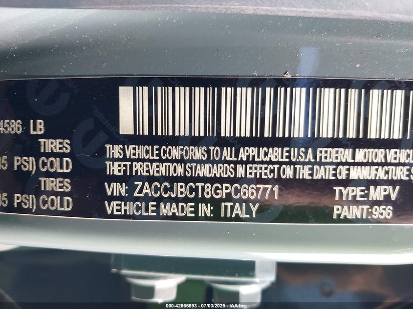 2016 JEEP RENEGADE VIN: ZACCJBCT8GPC66771