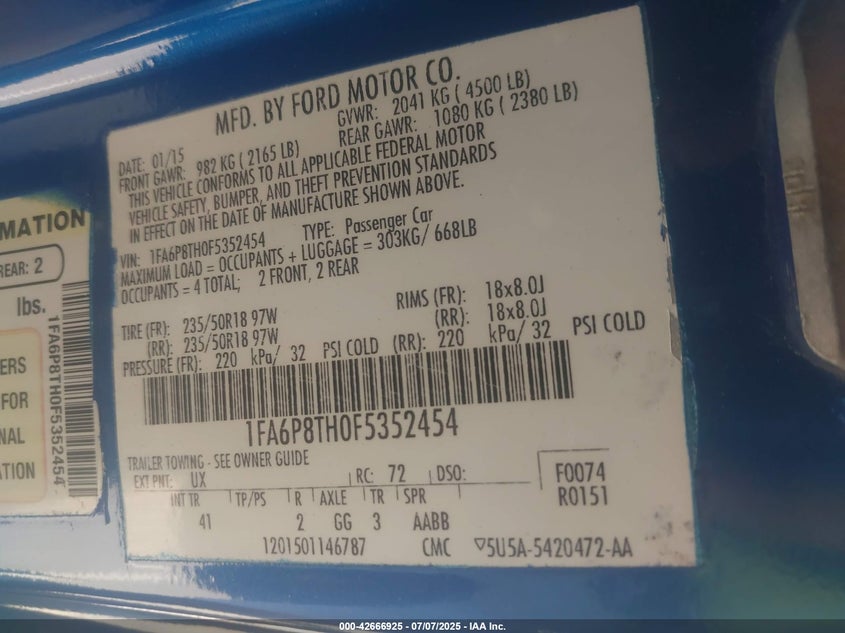 2015 FORD MUSTANG ECOBOOST - 1FA6P8TH0F5352454