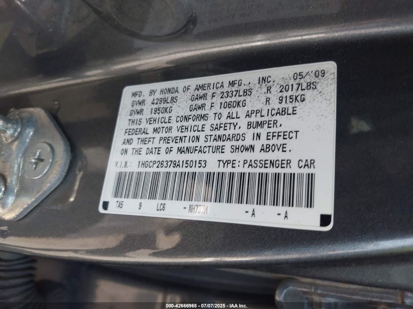 2009 Honda Accord 2.4 Lx VIN: 1HGCP26379A150153 Lot: 42666968