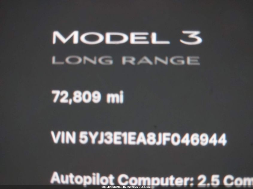 2018 Tesla Model 3 Long Range/Mid Range VIN: 5YJ3E1EA8JF046944 Lot: 42666994
