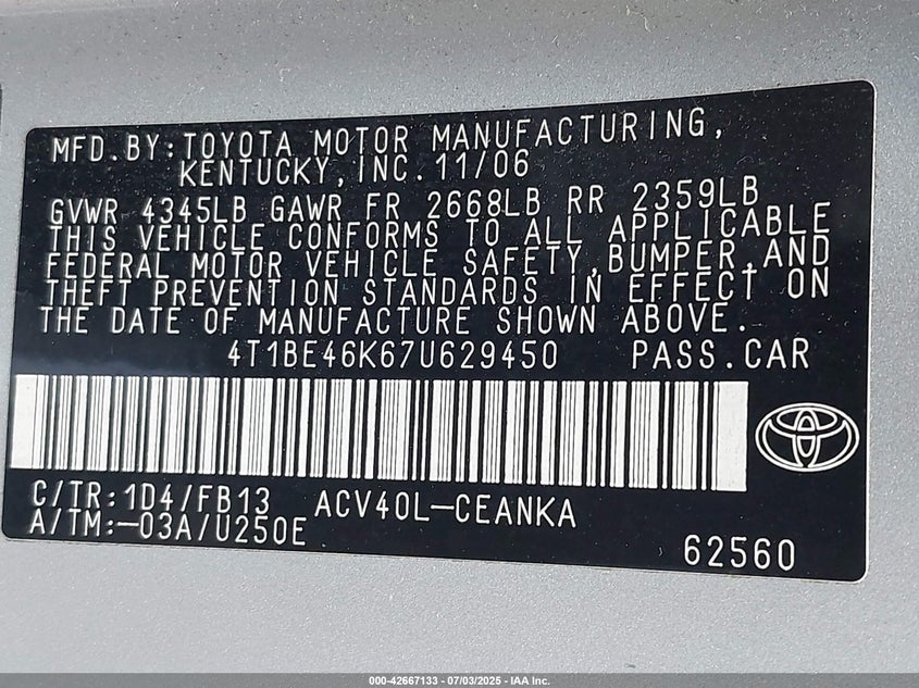 2007 TOYOTA CAMRY VIN: 4T1BE46K67U629450
