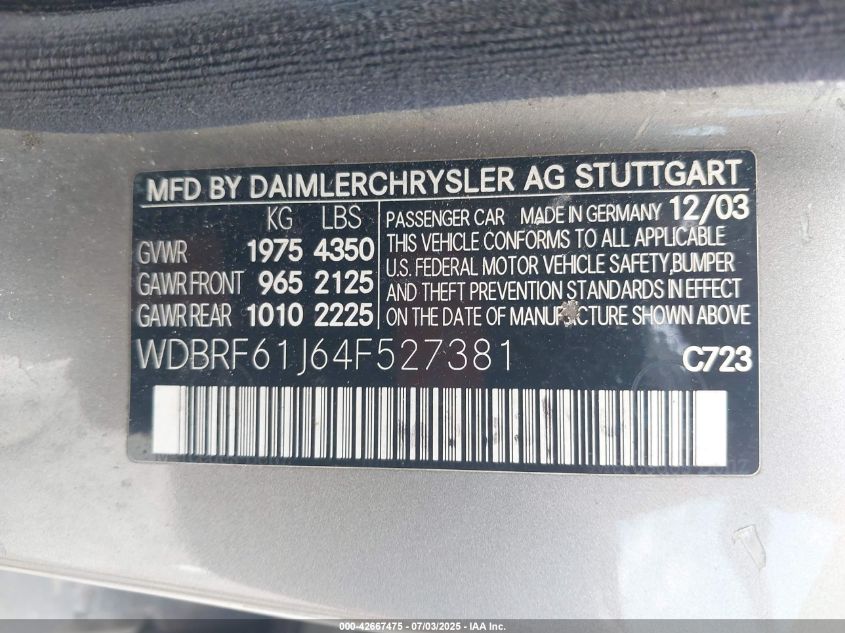 2004 Mercedes-Benz C 240 VIN: WDBRF61J64F527381 Lot: 42667475