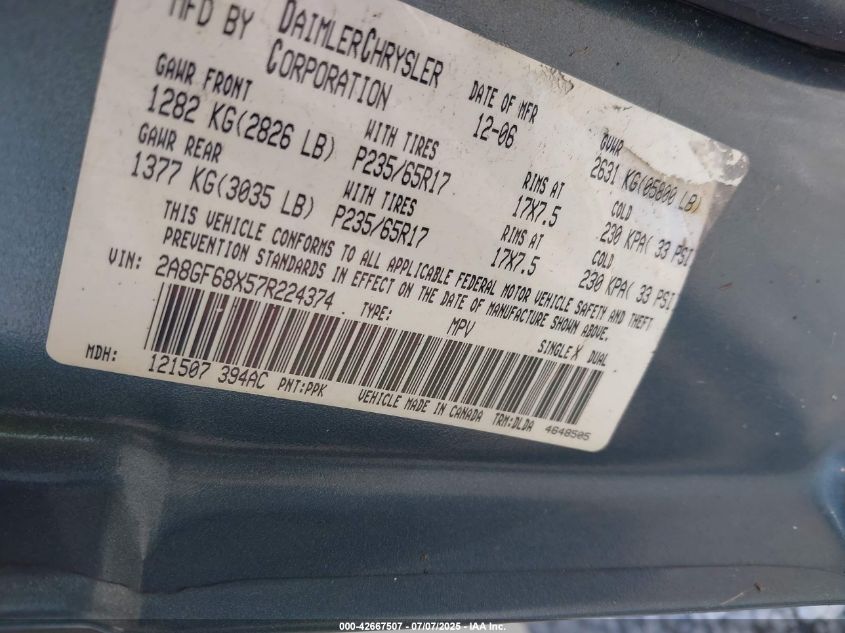 2007 Chrysler Pacifica Touring VIN: 2A8GF68X57R224374 Lot: 42667507