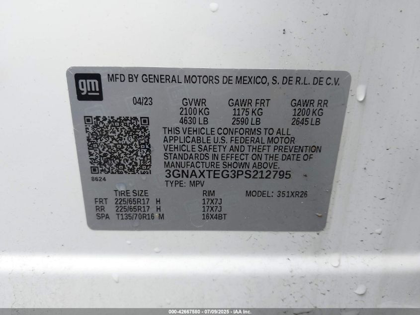 2023 Chevrolet Equinox Awd 2Fl VIN: 3GNAXTEG3PS212795 Lot: 42667580