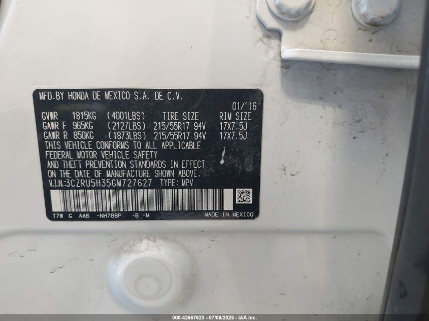 2016 Honda Hr-V Lx VIN: 3CZRU5H35GM727627 Lot: 42667623