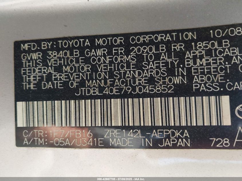 2009 Toyota Corolla Le VIN: JTDBL40E79J045852 Lot: 42667705