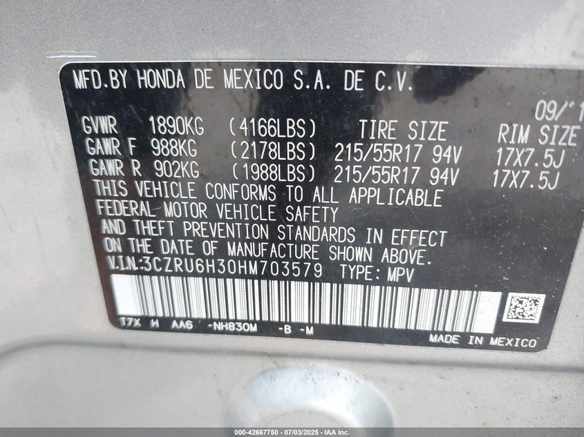 2017 HONDA HR-V LX - 3CZRU6H30HM703579