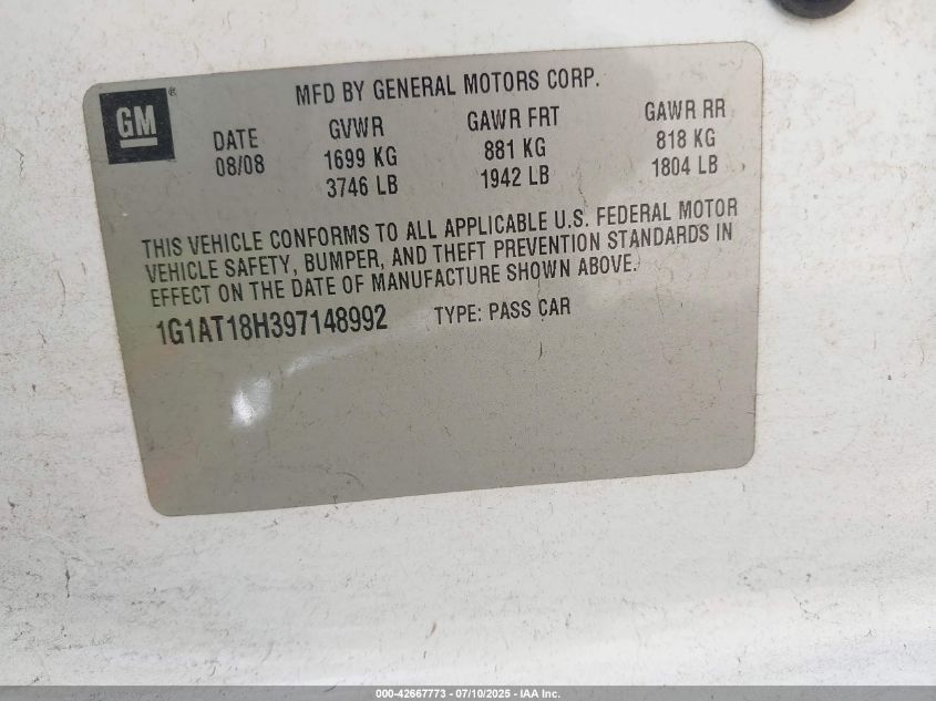 2009 Chevrolet Cobalt Lt VIN: 1G1AT18H397148992 Lot: 42667773