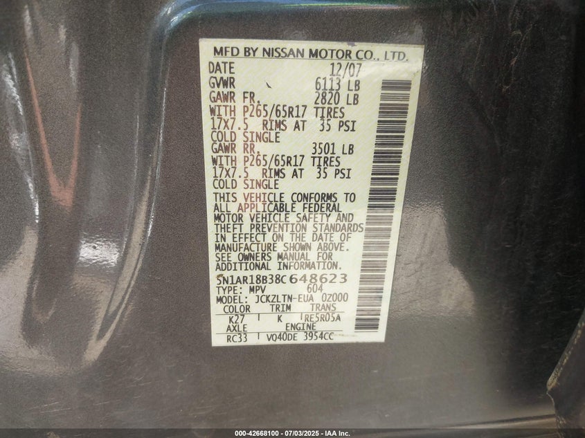 2008 NISSAN PATHFINDER VIN: 5N1AR18B38C648623