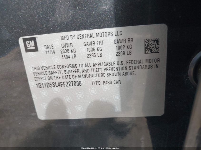 2015 Chevrolet Malibu 2Lt VIN: 1G11D5SL4FF227008 Lot: 42668191