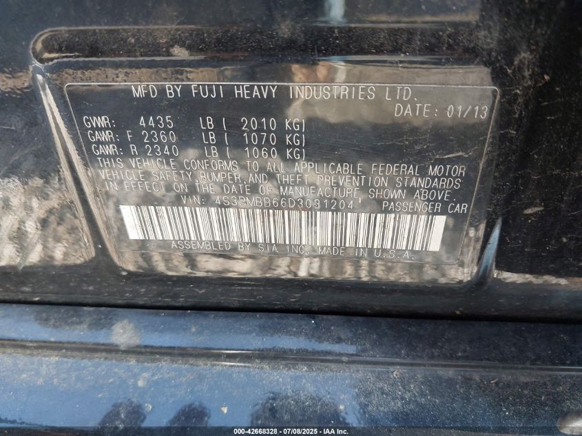 2013 Subaru Legacy 2.5I Premium VIN: 4S3BMBB66D3031204 Lot: 42668328