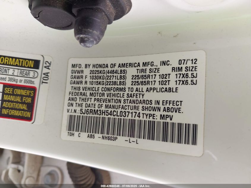 2012 Honda Cr-V Ex VIN: 5J6RM3H54CL037174 Lot: 42668346