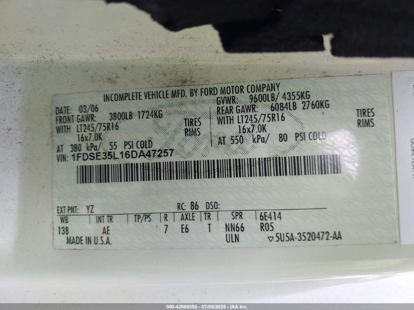 2006 Ford E-350 Cutaway VIN: 1FDSE35L16DA47257 Lot: 42668355
