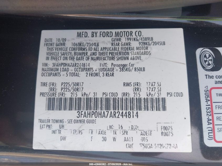 2010 Ford Fusion Se VIN: 3FAHP0HA7AR244814 Lot: 42668362